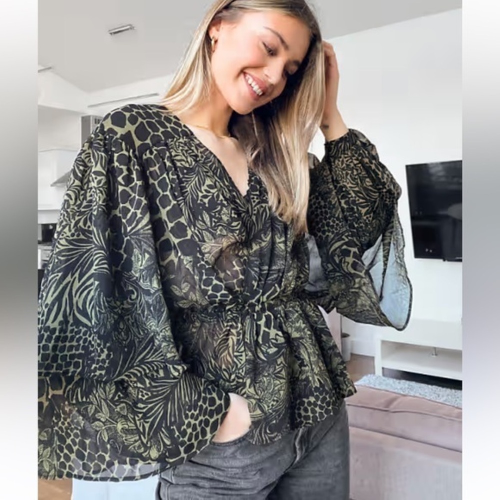 Topshop IDOL ruffle detail blouse in khaki animal print